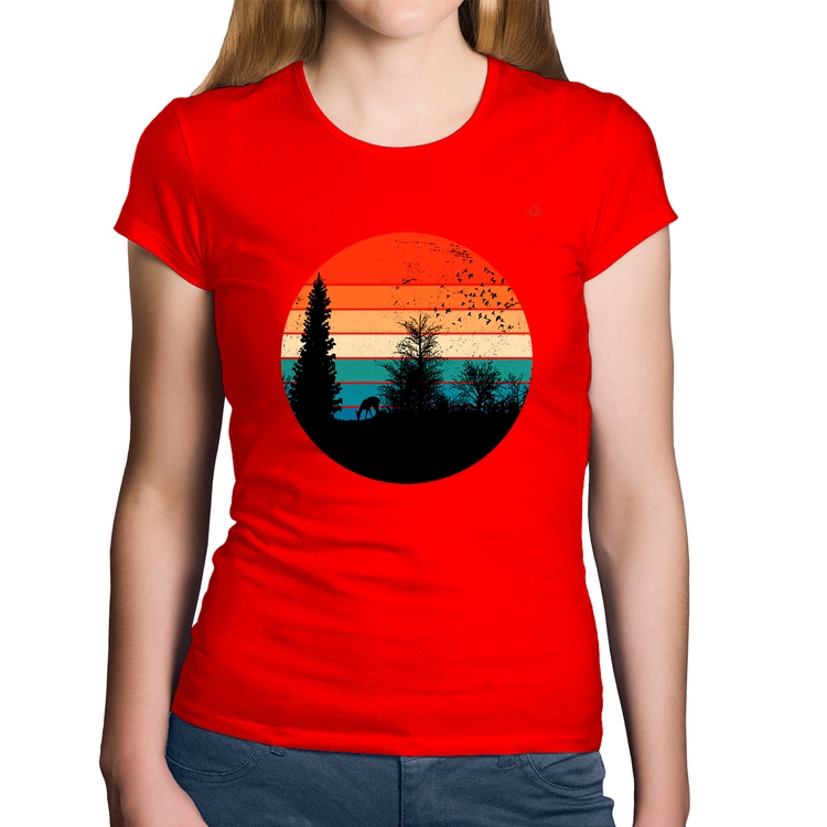 Baby Look Algodão Floresta Vintage Sunset - Vermelha