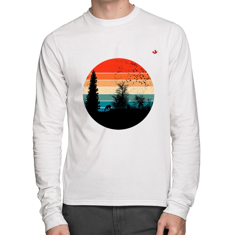 Camiseta Algodão Floresta Vintage Sunset Manga Longa - Branca