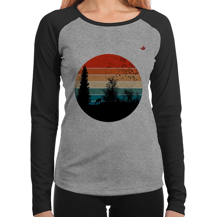 Baby Look Raglan Floresta Vintage Sunset Manga Longa - Cinza/Preto