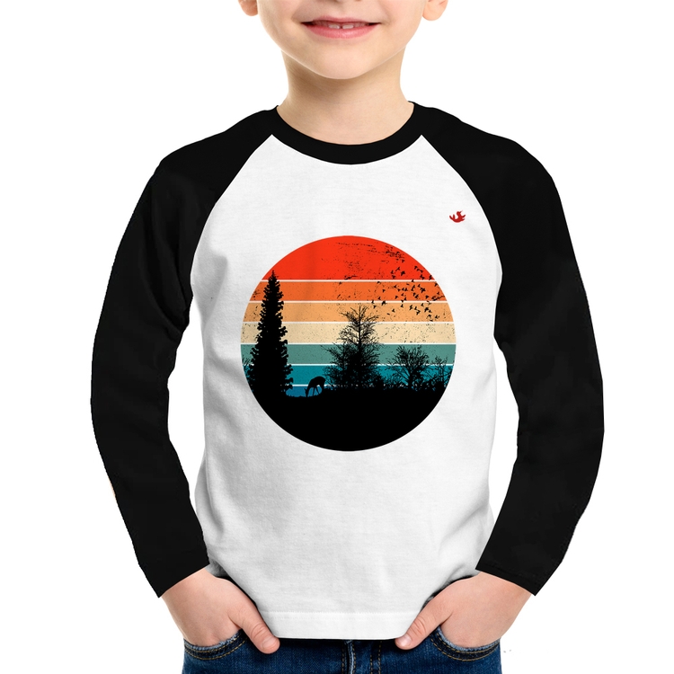 Camiseta Raglan Infantil Floresta Vintage Sunset Manga Longa