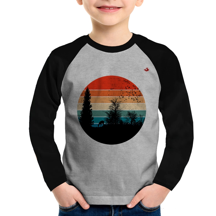 Camiseta Raglan Infantil Floresta Vintage Sunset Manga Longa - Cinza/Preto