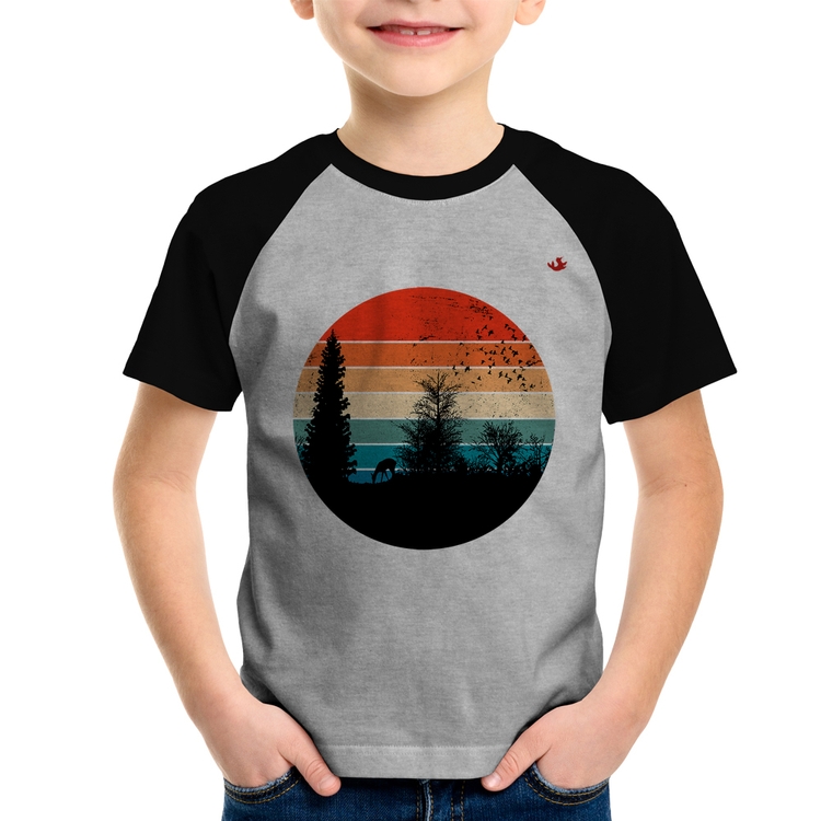 Camiseta Raglan Infantil Floresta Vintage Sunset - Cinza/Preto