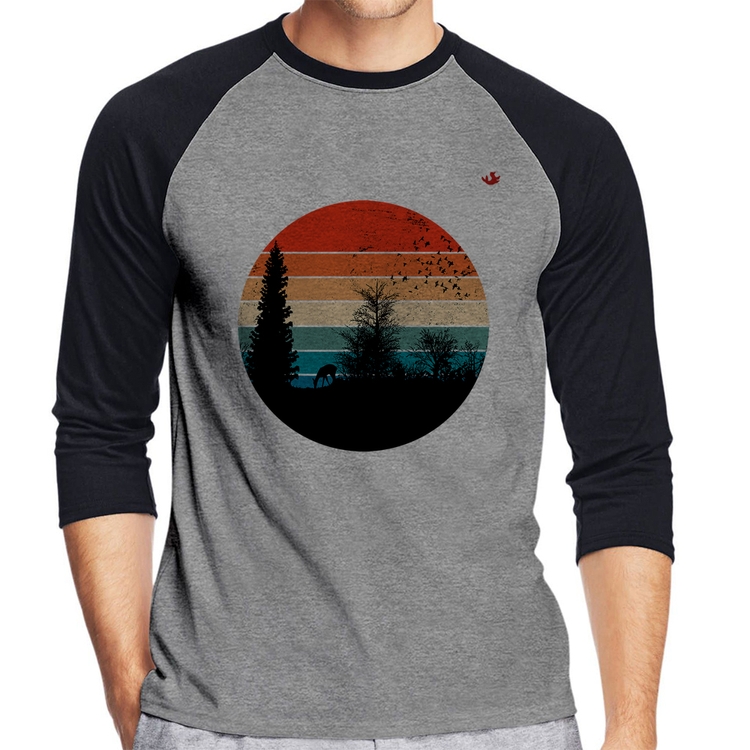 Camiseta Raglan Floresta Vintage Sunset Manga 3/4 - Cinza/Preto