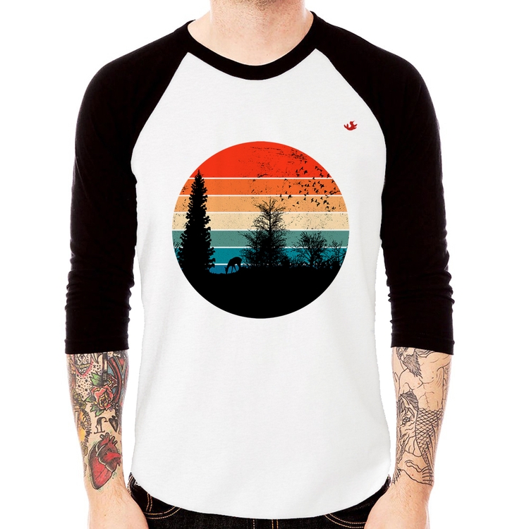 Camiseta Raglan Floresta Vintage Sunset Manga 3/4