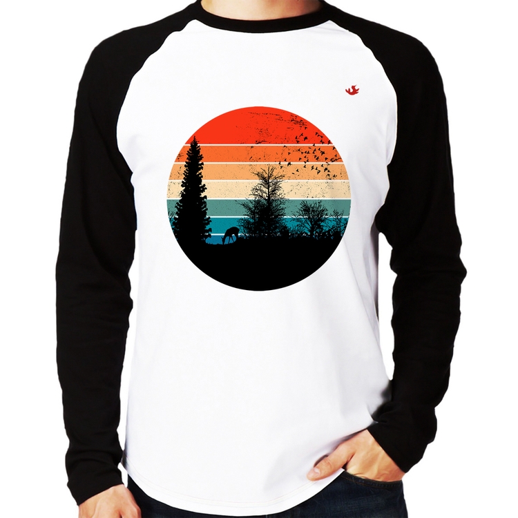 Camiseta Raglan Floresta Vintage Sunset Manga Longa