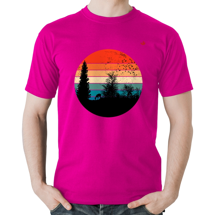 Camiseta Algodão Floresta Vintage Sunset - Rosa