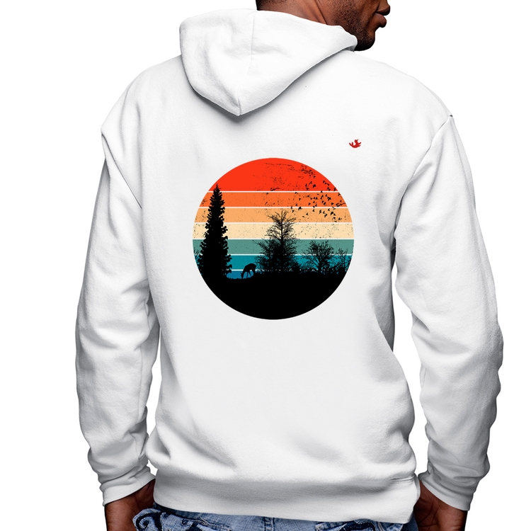 Blusa Moletom Floresta Vintage Sunset Masculina com Capuz e Zíper - Branca