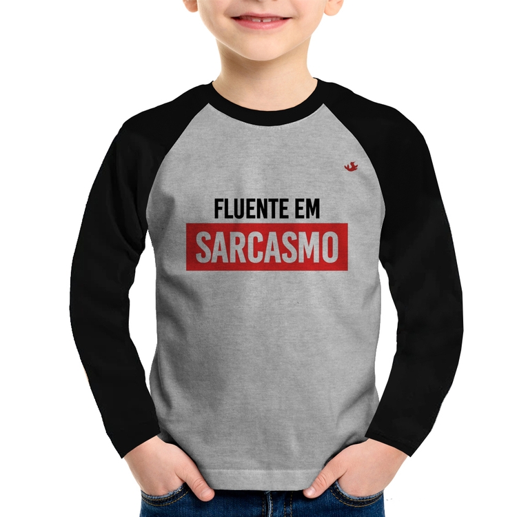 Camiseta Raglan Infantil Fluente em sarcasmo Manga Longa - Cinza/Preto