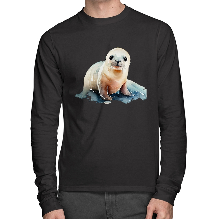 Camiseta Algodão Foca Bebê Manga Longa