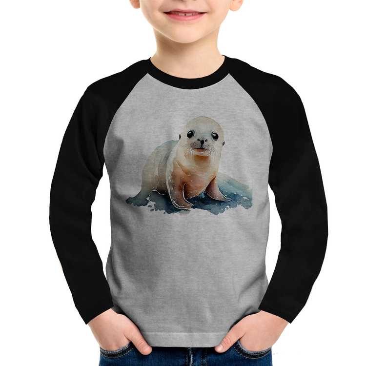 Camiseta Raglan Infantil Foca Bebê Manga Longa - Cinza/Preto