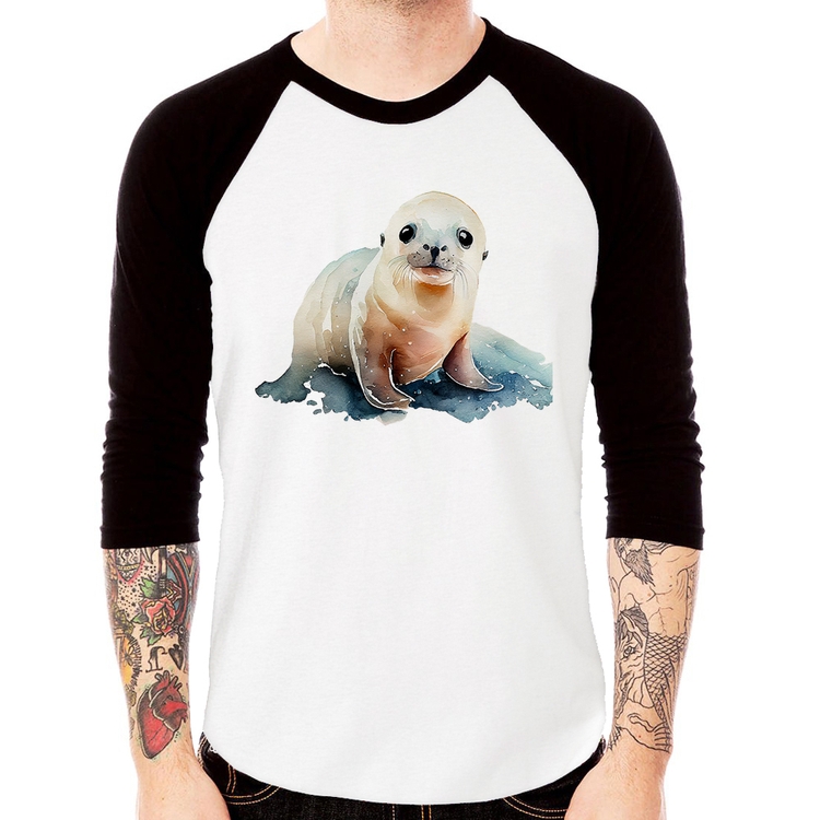 Camiseta Raglan Foca Bebê Manga 3/4