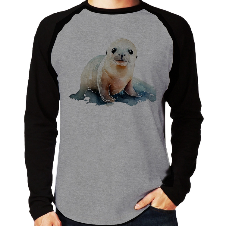 Camiseta Raglan Foca Bebê Manga Longa - Cinza/Preto