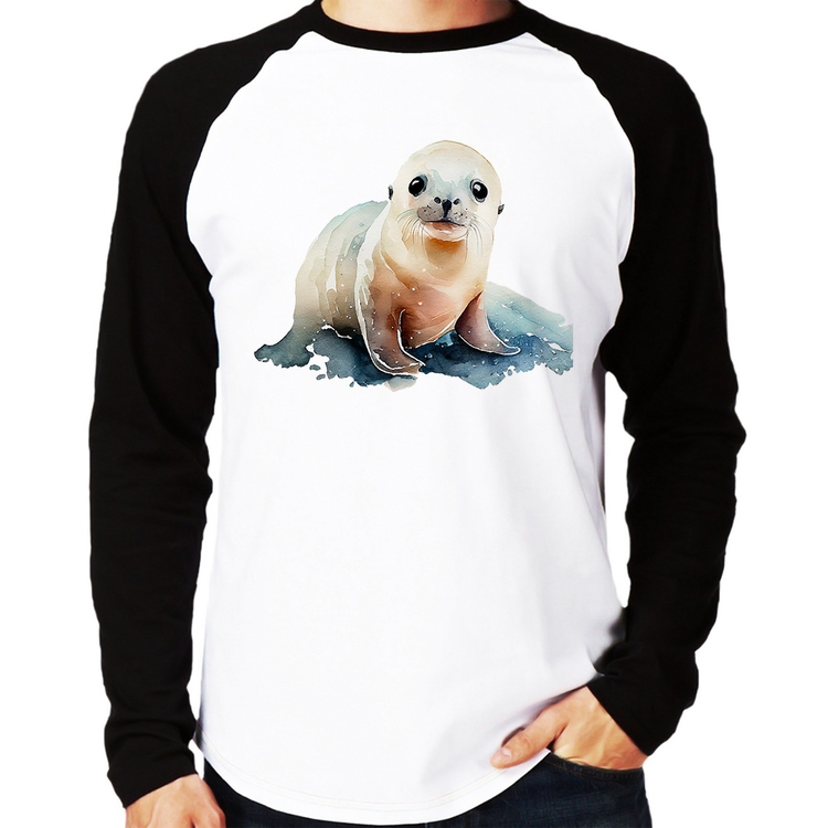 Camiseta Raglan Foca Bebê Manga Longa