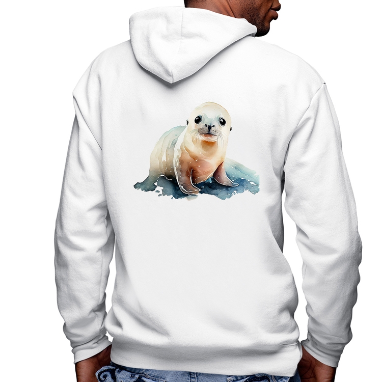 Blusa Moletom Foca Bebê Masculina com Capuz e Zíper - Branca