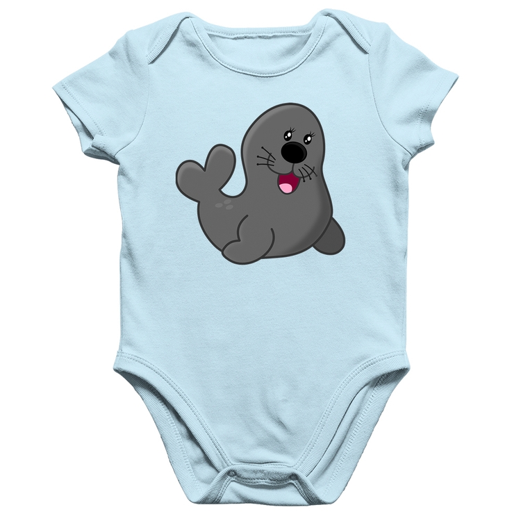 Body Bebê Algodão Foca Feliz - Azul Bebê