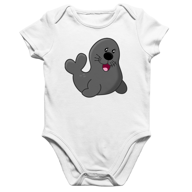 Body Bebê Algodão Foca Feliz - Branco