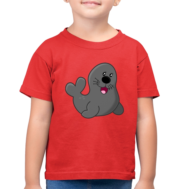 Camiseta Algodão Infantil Foca Feliz - Vermelha