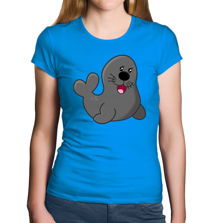 Baby Look Algodão Foca Feliz - Azul