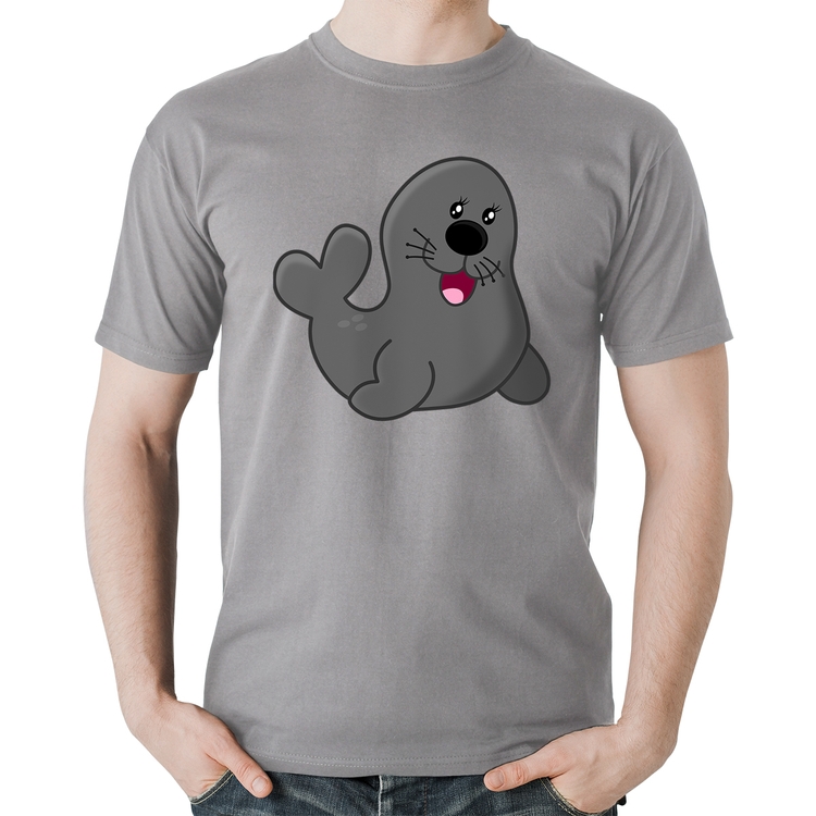 Camiseta Algodão Foca Feliz - Cinza