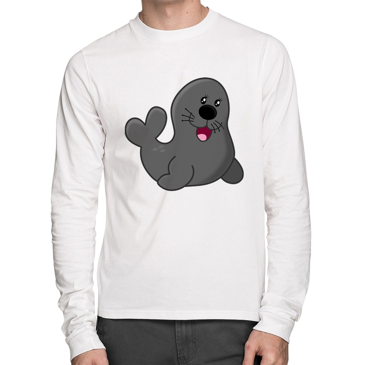 Camiseta Algodão Foca Feliz Manga Longa - Branca