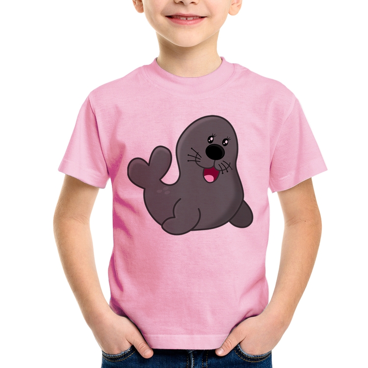 Camiseta Infantil Foca Feliz - Rosa Bebê