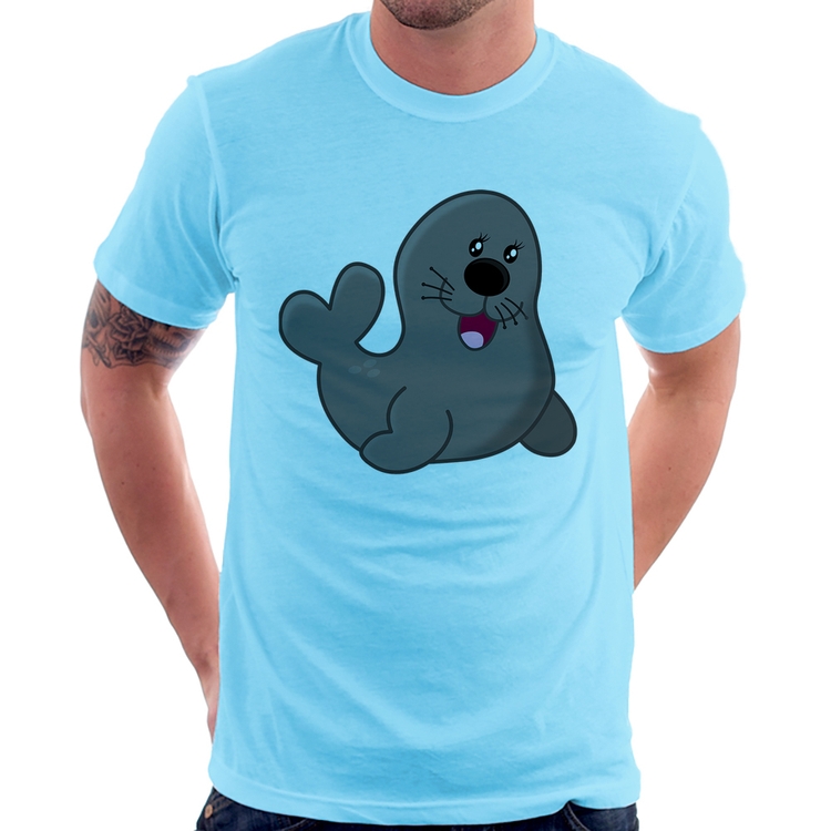Camiseta Foca Feliz - Azul Bebê