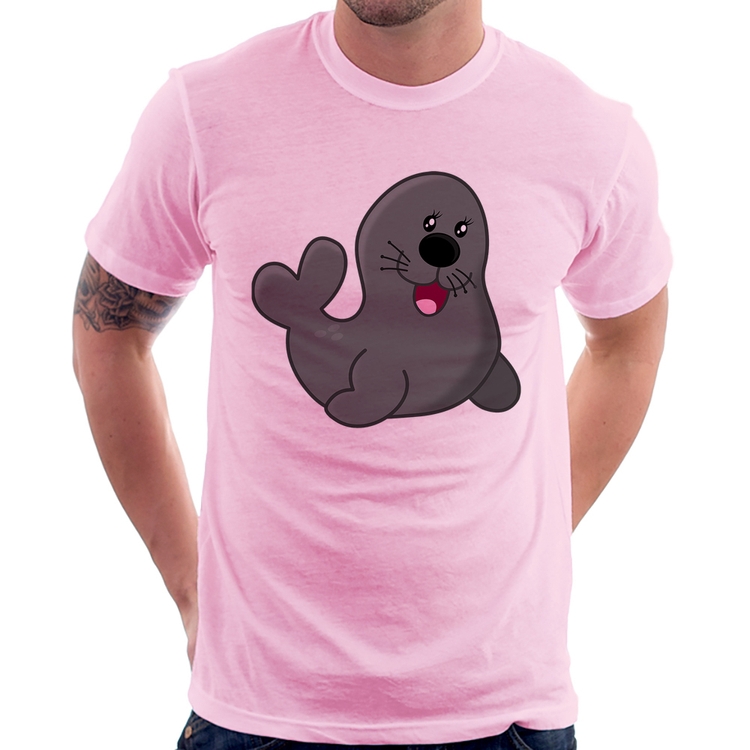 Camiseta Foca Feliz - Rosa Bebê