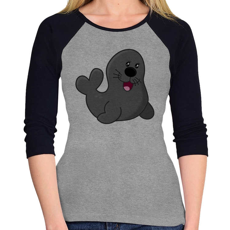 Baby Look Raglan Foca Feliz Manga 3/4 - Cinza/Preto