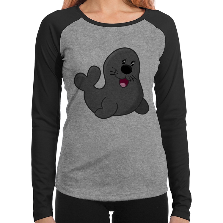 Baby Look Raglan Foca Feliz Manga Longa - Cinza/Preto