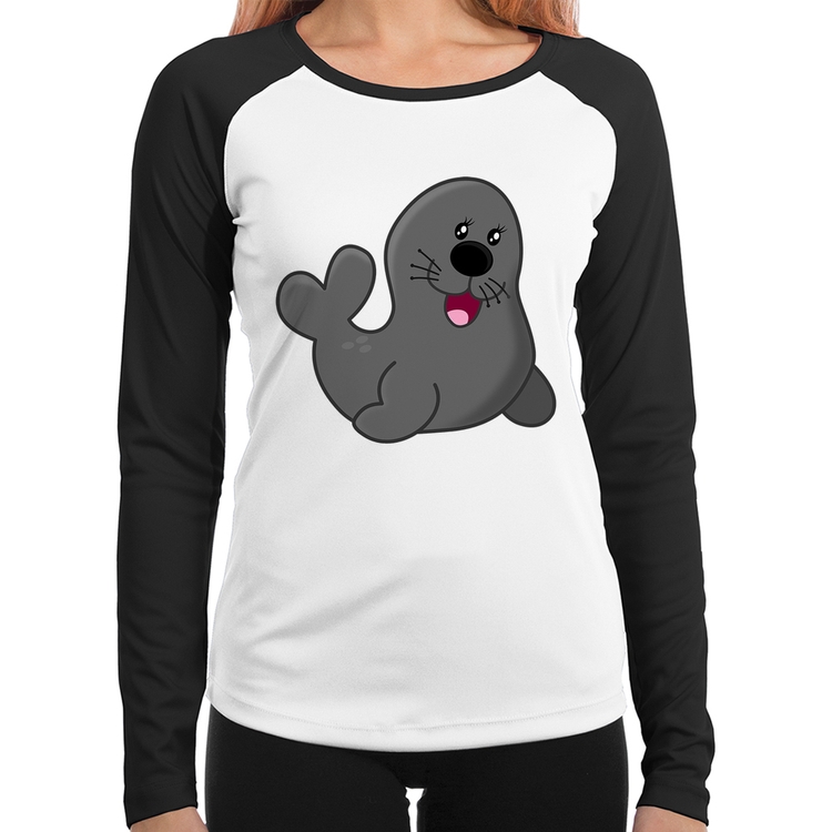 Baby Look Raglan Foca Feliz Manga Longa