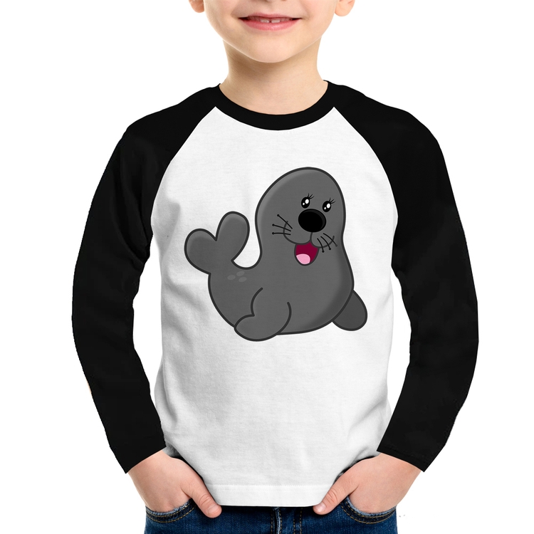 Camiseta Raglan Infantil Foca Feliz Manga Longa