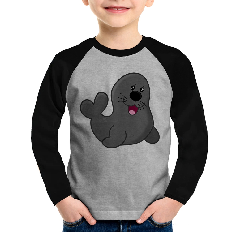 Camiseta Raglan Infantil Foca Feliz Manga Longa - Cinza/Preto