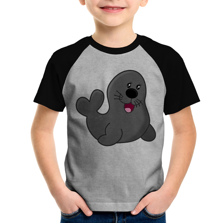 Camiseta Raglan Infantil Foca Feliz - Cinza/Preto