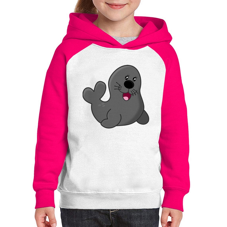 Moletom Infantil Foca Feliz - Branco/Rosa