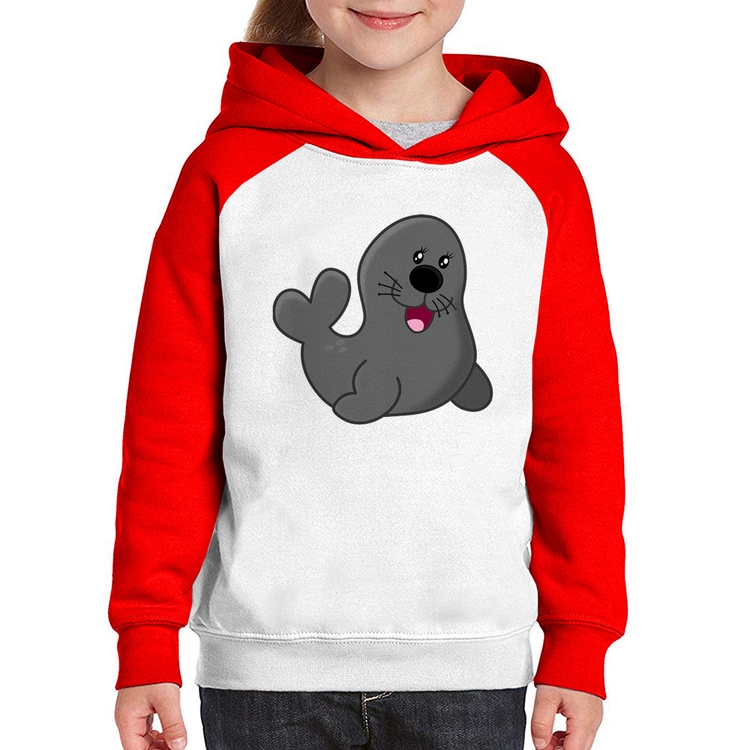 Moletom Infantil Foca Feliz - Branco/Vermelho