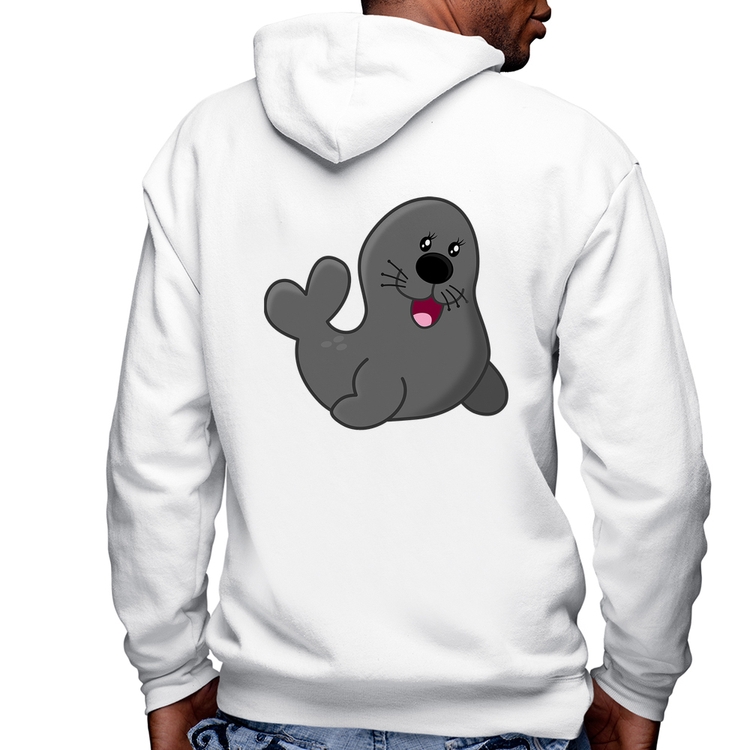 Blusa Moletom Foca Feliz Masculina com Capuz e Zíper - Branca