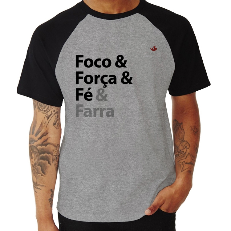 Camiseta Raglan Foco & Força & Fé & Farra - Cinza/Preto