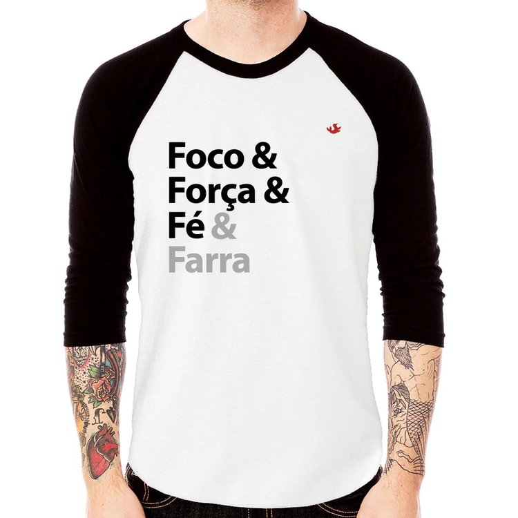 Camiseta Raglan Foco & Força & Fé & Farra Manga 3/4