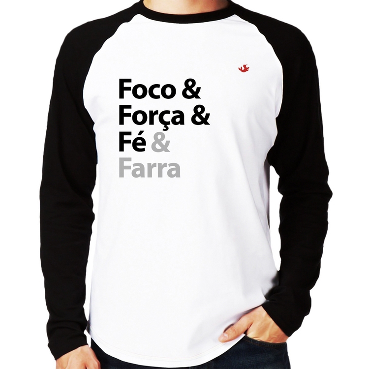 Camiseta Raglan Foco & Força & Fé & Farra Manga Longa