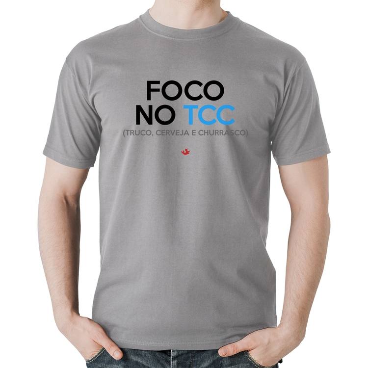 Camiseta Algodão Foco no TCC (Truco, Cerveja e Churrasco) - Cinza