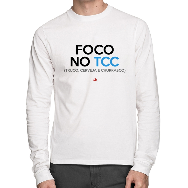 Camiseta Algodão Foco no TCC (Truco, Cerveja e Churrasco) Manga Longa - Branca