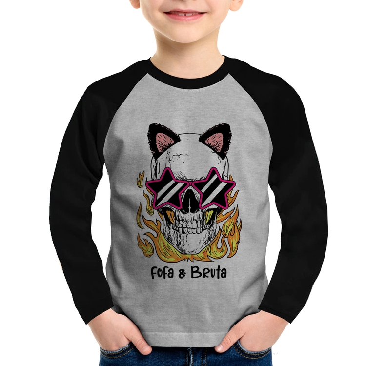 Camiseta Raglan Infantil Fofa & Bruta Manga Longa - Cinza/Preto