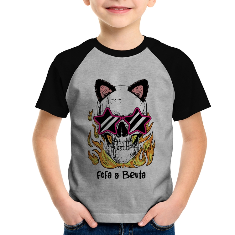 Camiseta Raglan Infantil Fofa & Bruta - Cinza/Preto