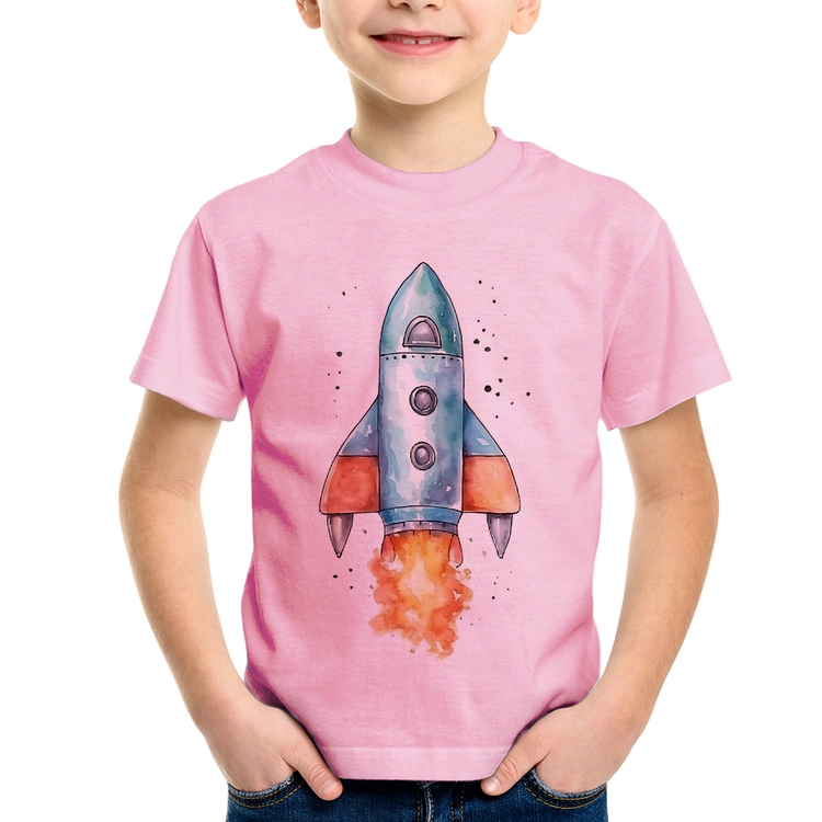 Camiseta Infantil Foguete - Rosa Bebê