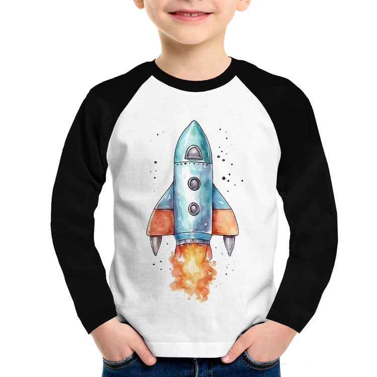 Camiseta Raglan Infantil Foguete Manga Longa