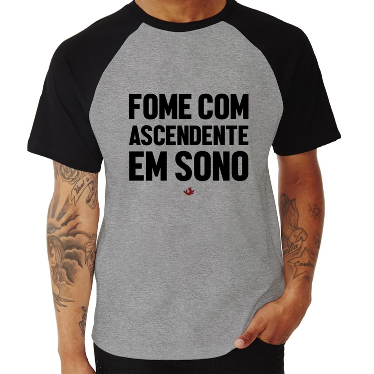 Camiseta Raglan Fome com ascendente em sono - Cinza/Preto
