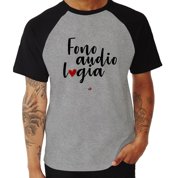 Camiseta Raglan Fonoaudiologia por amor - Cinza/Preto