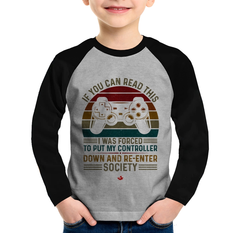 Camiseta Raglan Infantil Forced to reenter society Manga Longa - Cinza/Preto
