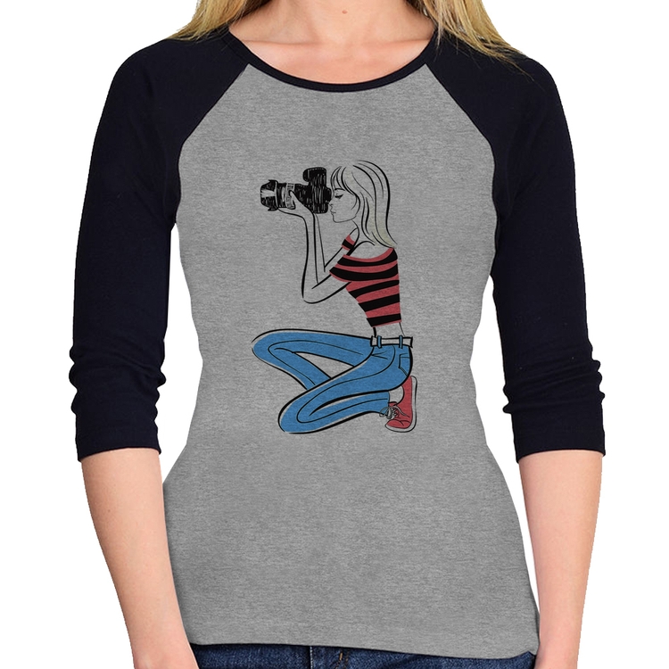 Baby Look Raglan Fotógrafa Art Manga 3/4 - Cinza/Preto