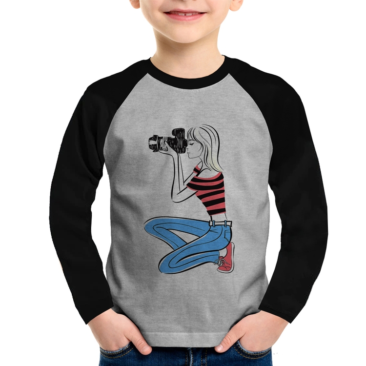 Camiseta Raglan Infantil Fotógrafa Art Manga Longa - Cinza/Preto